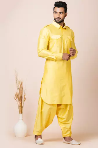 Yellow designer festive wear viscose pathani-suits