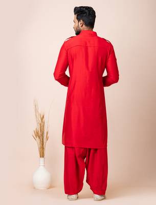 Red designer festive wear viscose pathani-suits 4