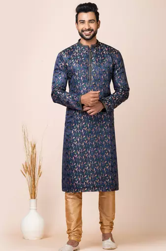 Navy blue designer festive wear jacquard kurta-pajama