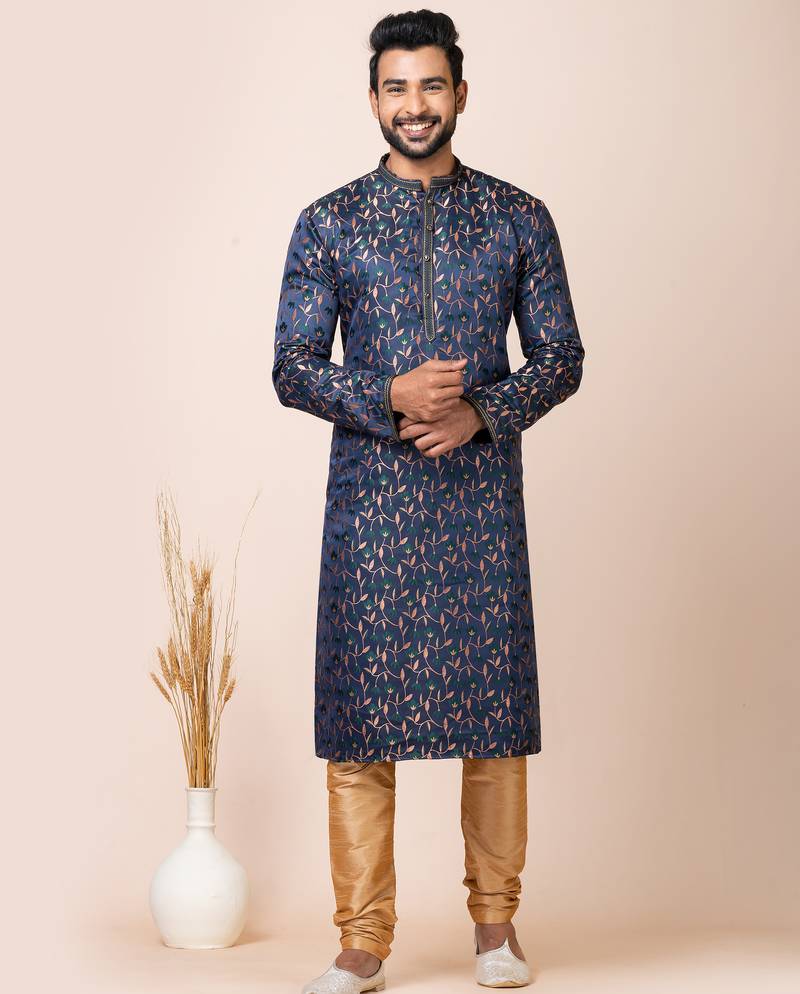 Navy blue designer festive wear jacquard kurta-pajama