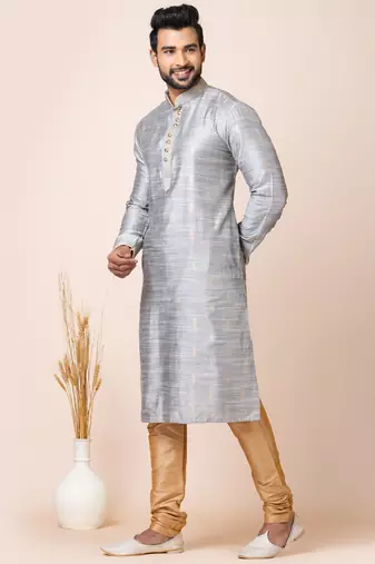 Grey designer festive wear cotton silk kurta-pajama