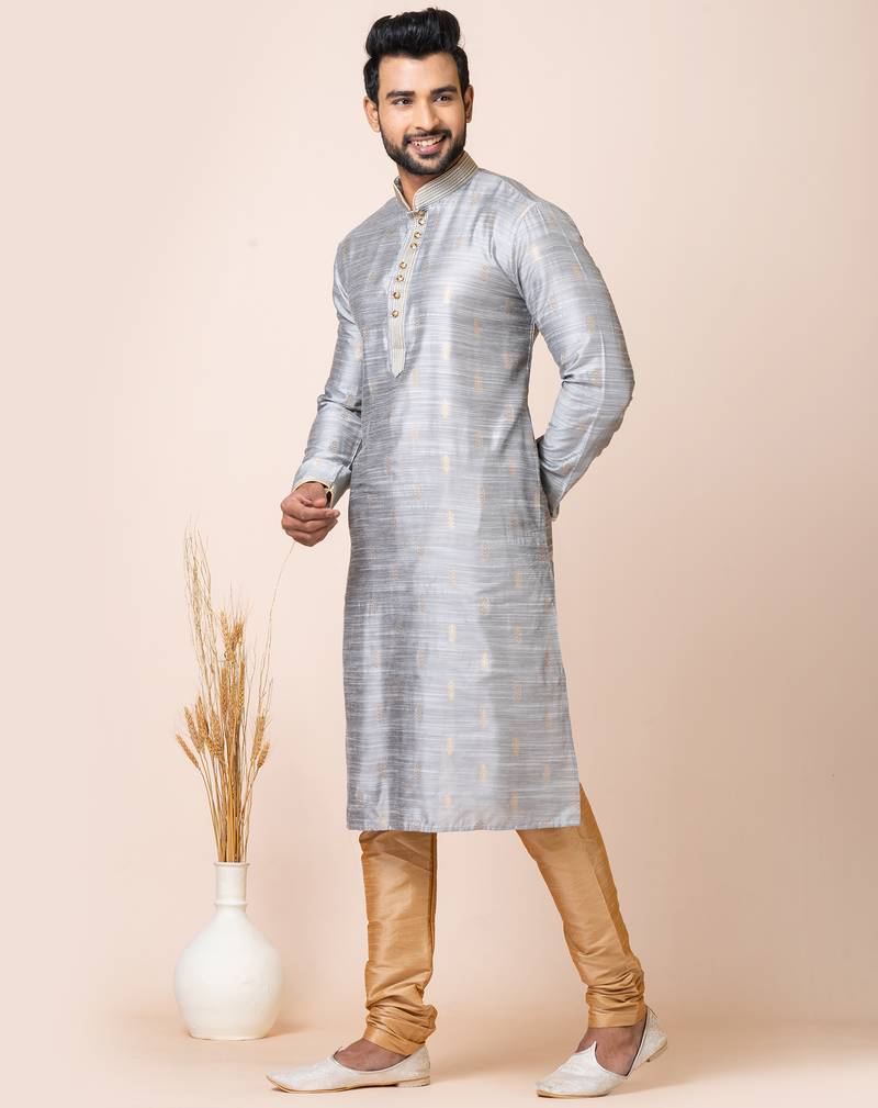 Grey designer festive wear cotton silk kurta-pajama