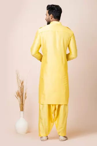 Yellow designer festive wear viscose pathani-suits