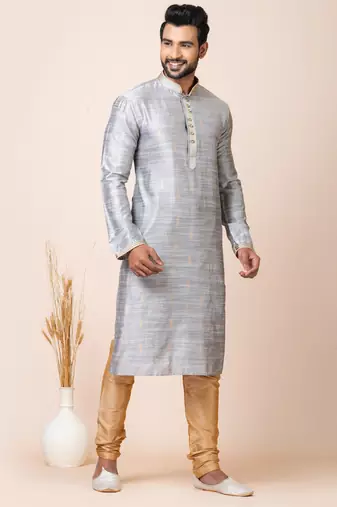Grey designer festive wear cotton silk kurta-pajama
