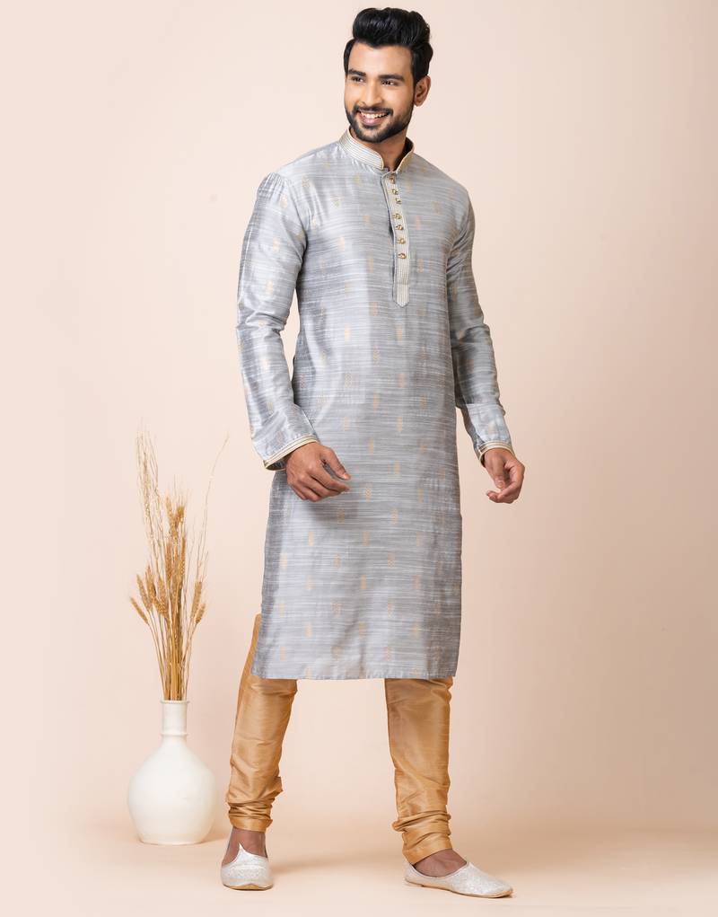 Grey designer festive wear cotton silk kurta-pajama