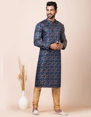 Navy blue designer festive wear jacquard kurta-pajama 2