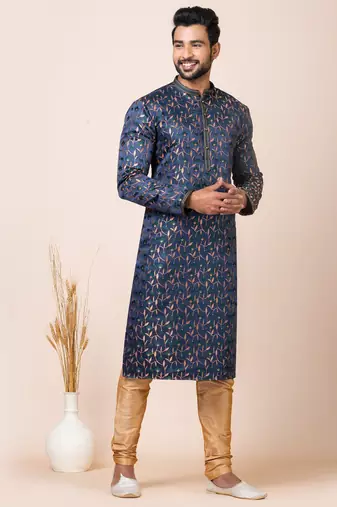 Navy blue designer festive wear jacquard kurta-pajama