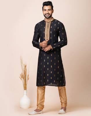 Black designer festive wear cotton silk kurta-pajama 1
