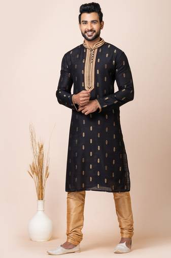 Black designer festive wear cotton silk kurta-pajama