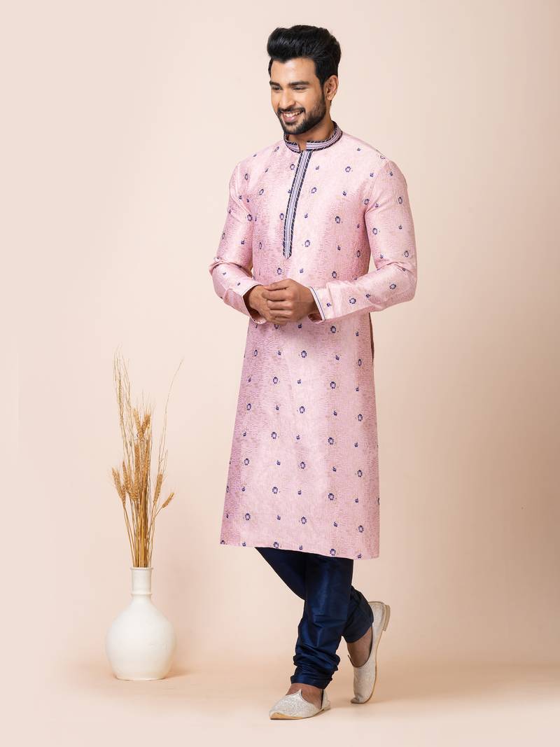 Peach designer festive wear jacquard kurta-pajama