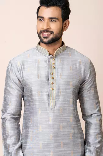 Grey designer festive wear cotton silk kurta-pajama
