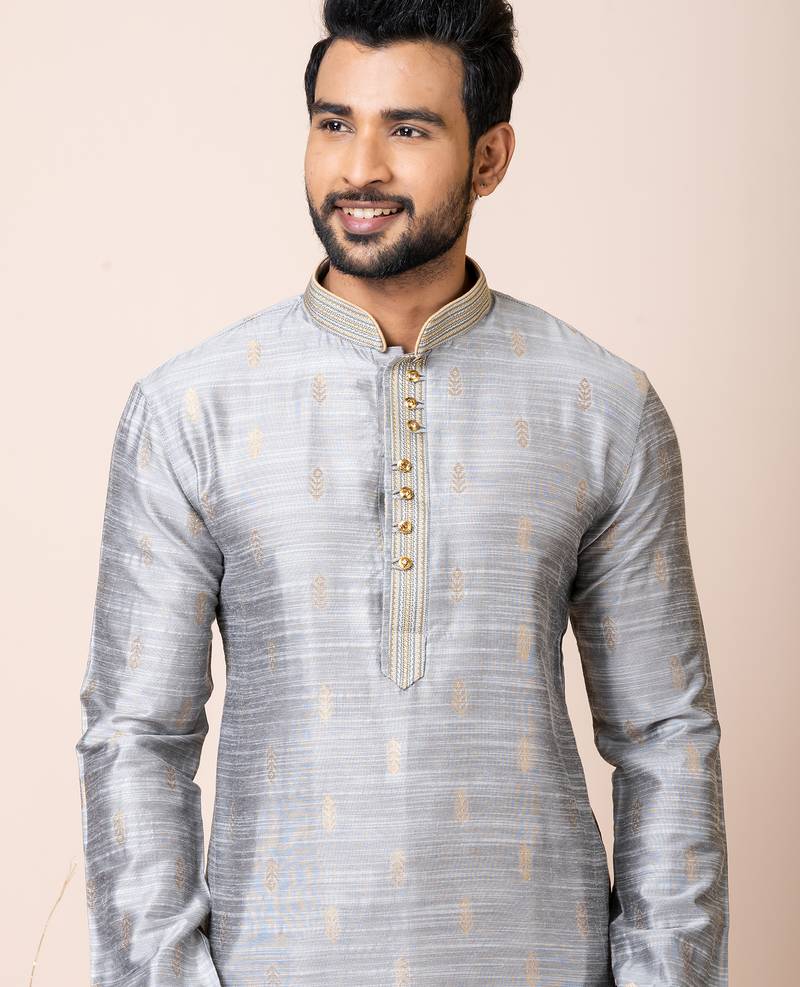 Grey designer festive wear cotton silk kurta-pajama
