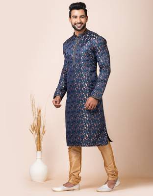 Navy blue designer festive wear jacquard kurta-pajama 3