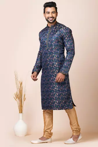 Navy blue designer festive wear jacquard kurta-pajama