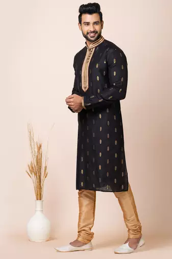 Black designer festive wear cotton silk kurta-pajama