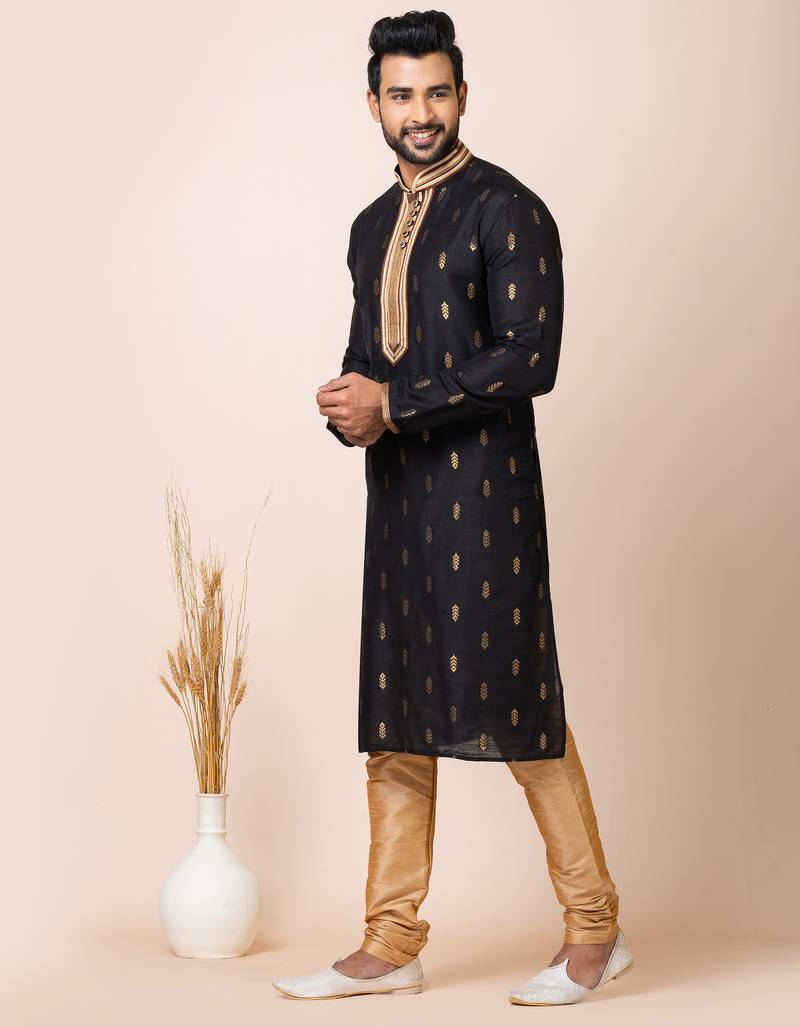 Black designer festive wear cotton silk kurta-pajama