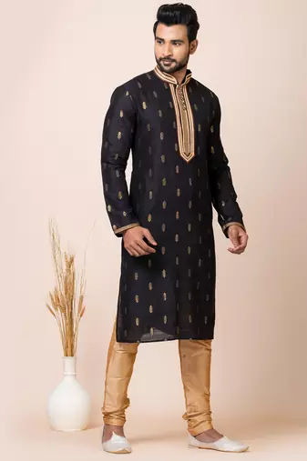 Black designer festive wear cotton silk kurta-pajama
