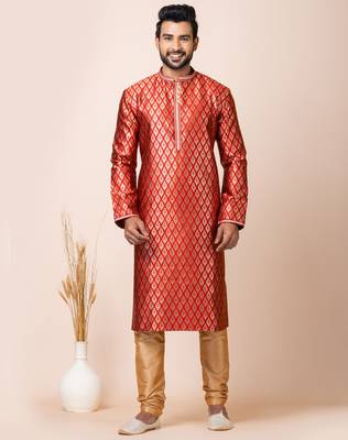 Red designer festive wear jacquard kurta-pajama 1