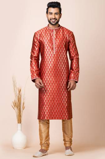 Red designer festive wear jacquard kurta-pajama