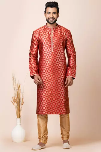 Red designer festive wear jacquard kurta-pajama