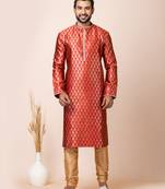Red designer festive wear jacquard kurta-pajama