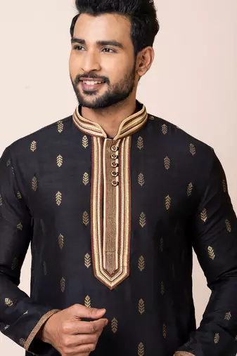 Black designer festive wear cotton silk kurta-pajama