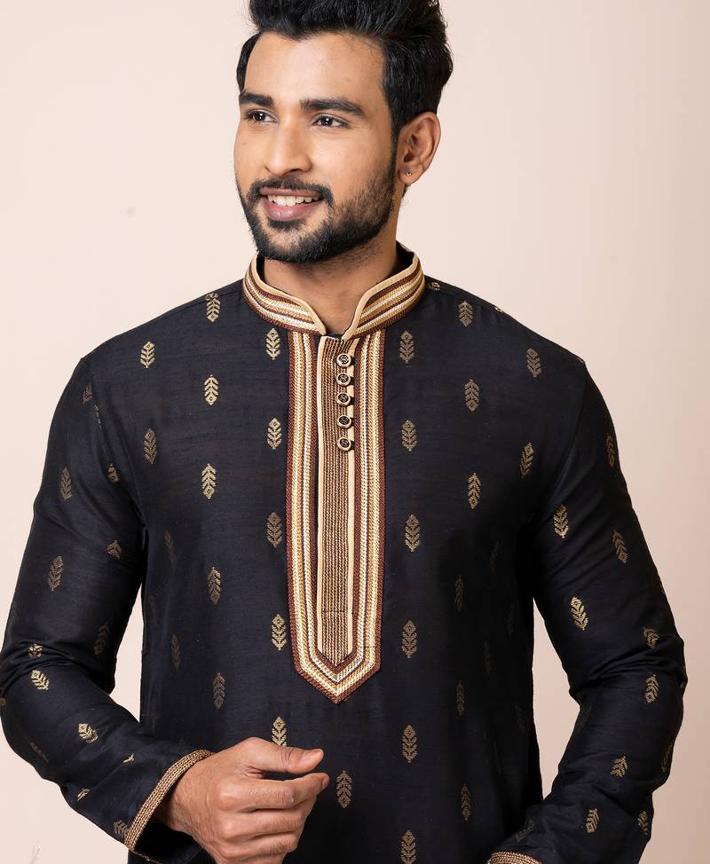 Black designer festive wear cotton silk kurta-pajama