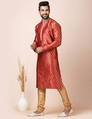 Red designer festive wear jacquard kurta-pajama 2
