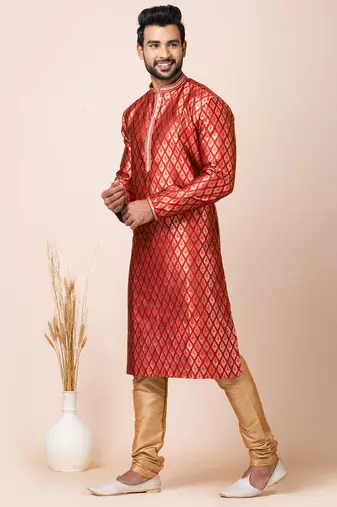 Red designer festive wear jacquard kurta-pajama