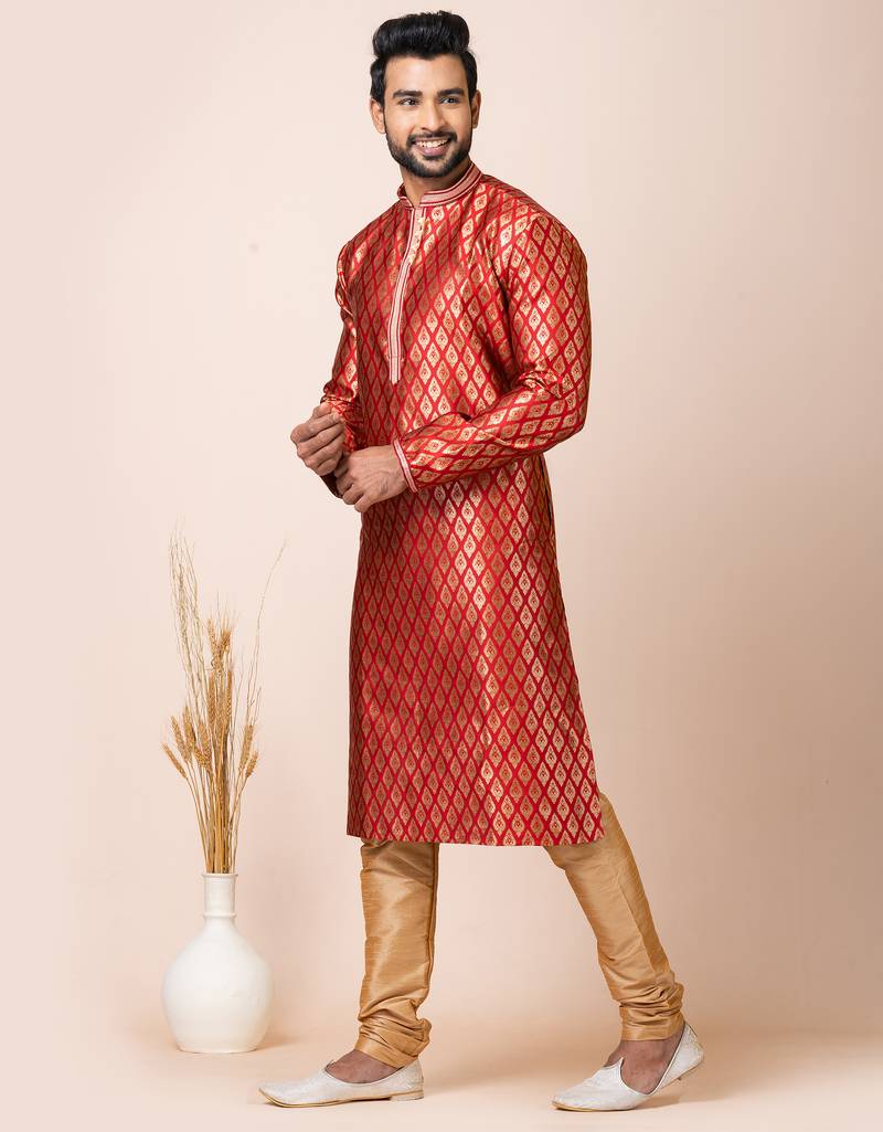 Red designer festive wear jacquard kurta-pajama