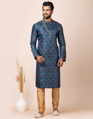 Navy blue designer festive wear jacquard kurta-pajama 1