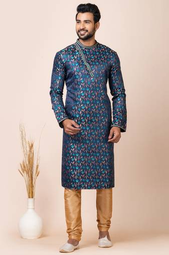 Navy blue designer festive wear jacquard kurta-pajama