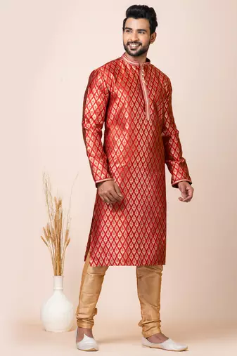 Red designer festive wear jacquard kurta-pajama