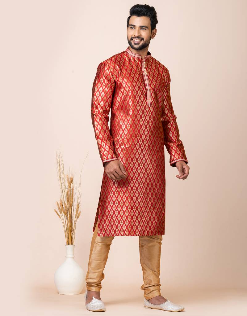 Red designer festive wear jacquard kurta-pajama