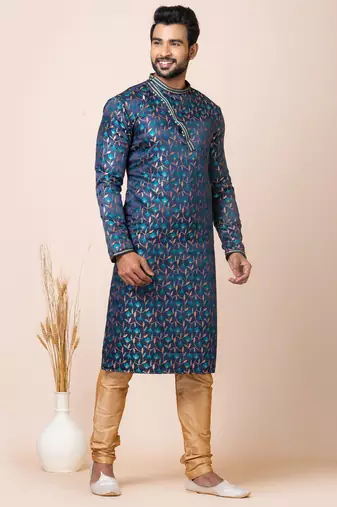 Navy blue designer festive wear jacquard kurta-pajama