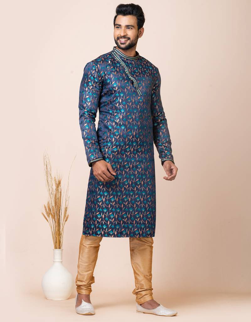 Navy blue designer festive wear jacquard kurta-pajama