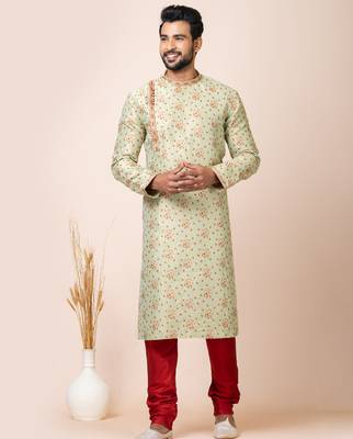 Light green designer festive wear jacquard kurta-pajama 1