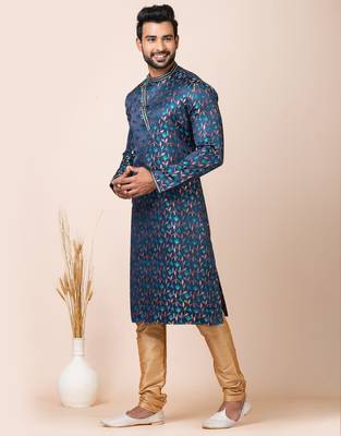 Navy blue designer festive wear jacquard kurta-pajama 3