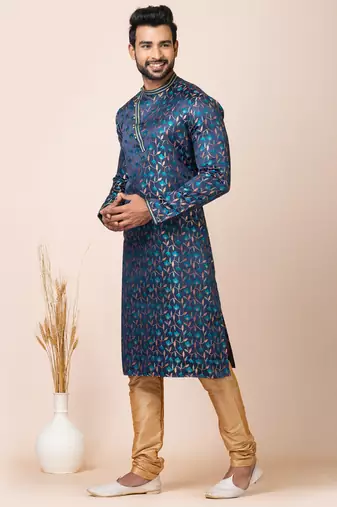 Navy blue designer festive wear jacquard kurta-pajama
