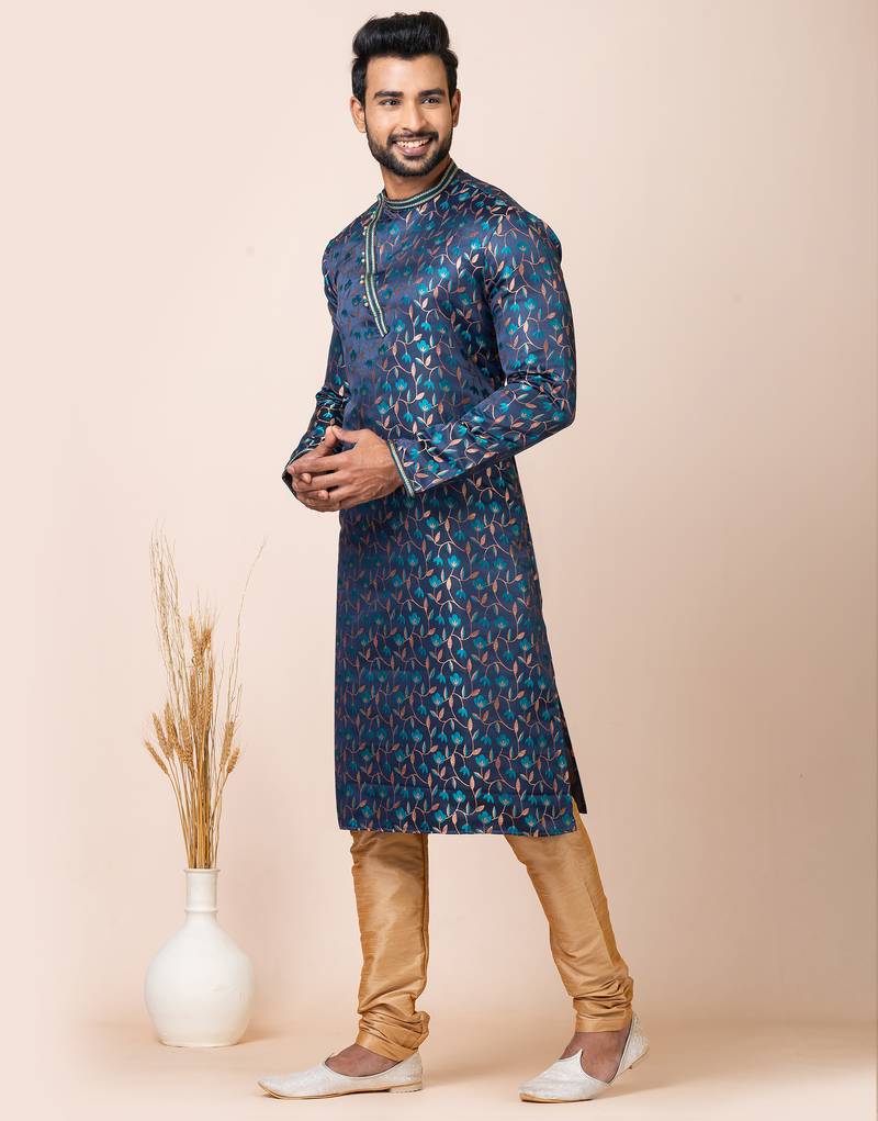 Navy blue designer festive wear jacquard kurta-pajama