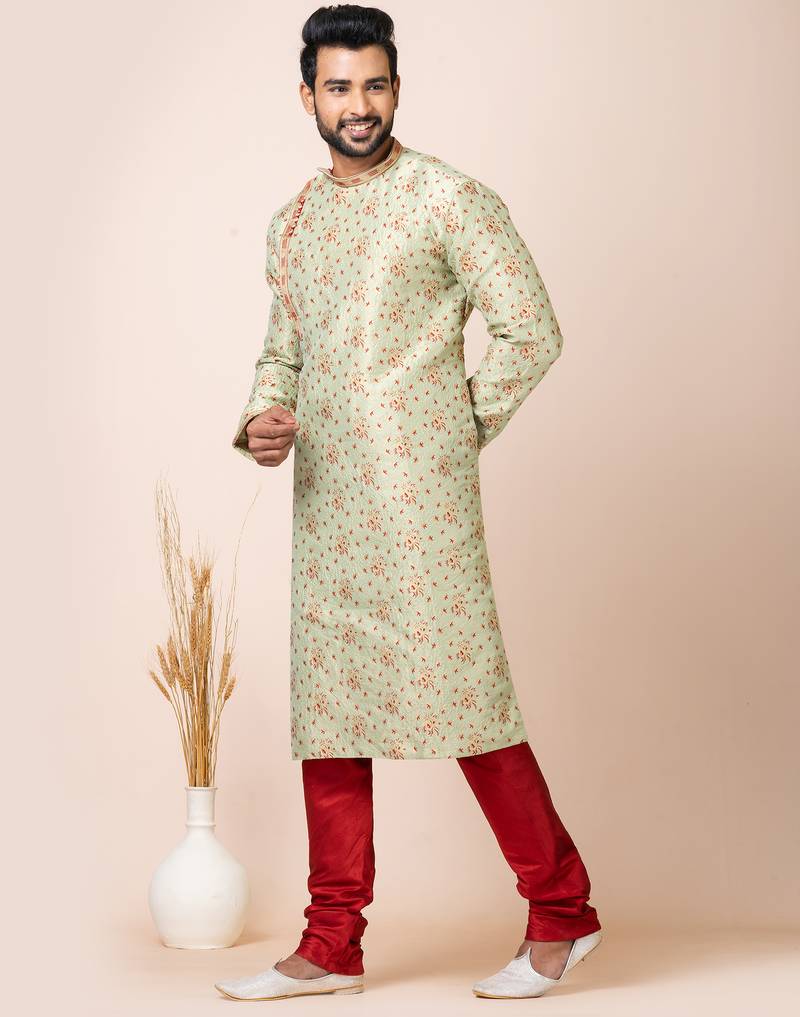 Light green designer festive wear jacquard kurta-pajama