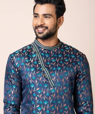Navy blue designer festive wear jacquard kurta-pajama 4