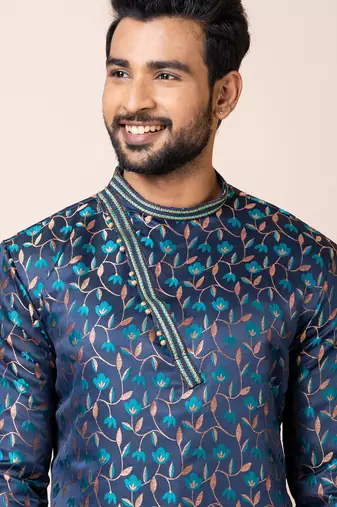 Navy blue designer festive wear jacquard kurta-pajama