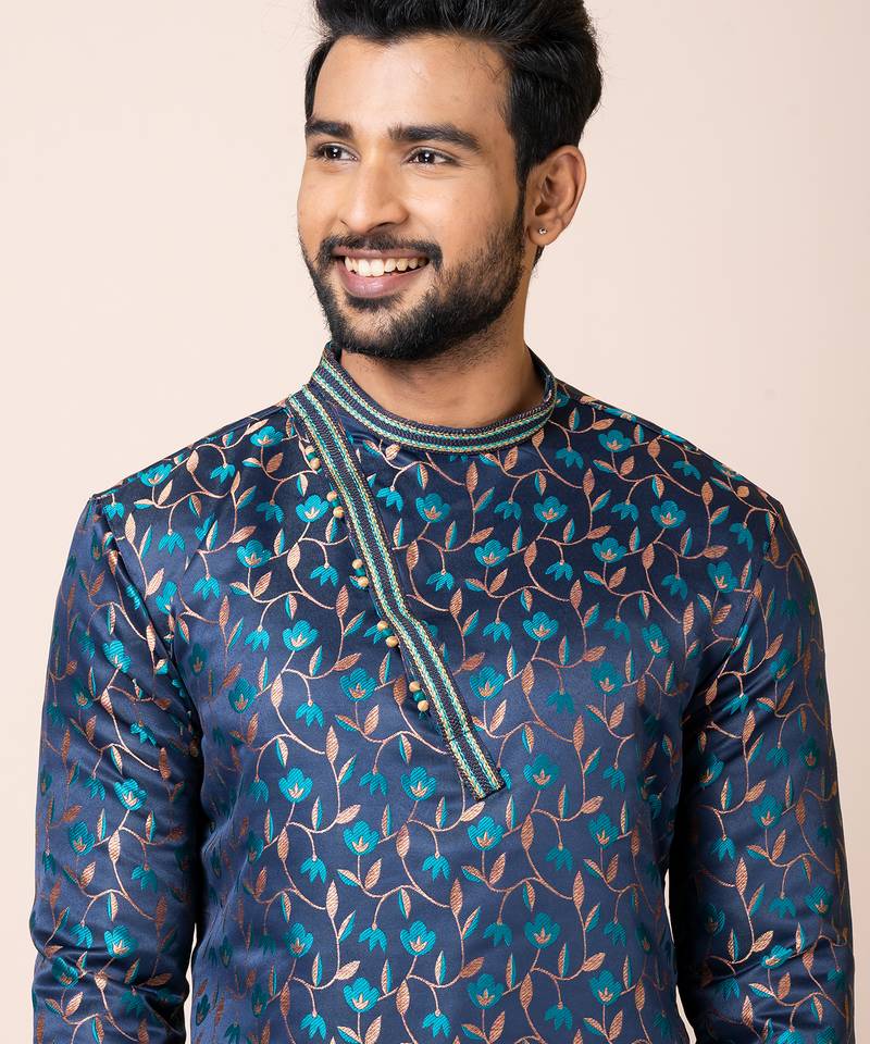 Navy blue designer festive wear jacquard kurta-pajama