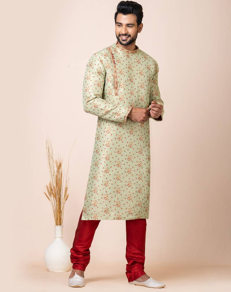 Light green designer festive wear jacquard kurta-pajama