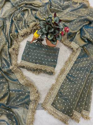 Teal Color Jari Woven Butti Work Moss Silk Saree 1