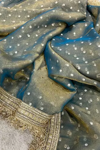 Teal Color Jari Woven Butti Work Moss Silk Saree
