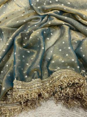 Teal Color Jari Woven Butti Work Moss Silk Saree 3