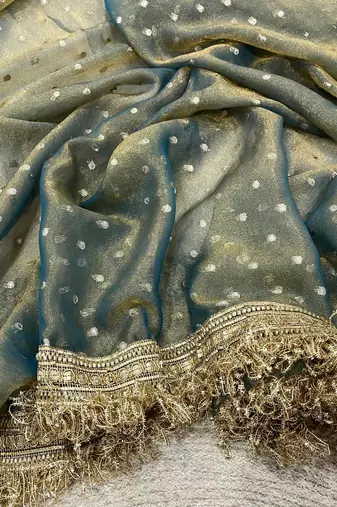 Teal Color Jari Woven Butti Work Moss Silk Saree