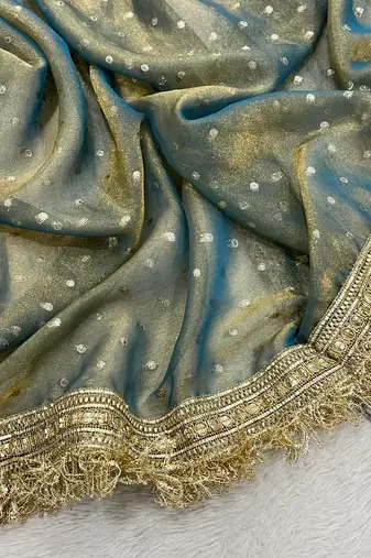 Teal Color Jari Woven Butti Work Moss Silk Saree